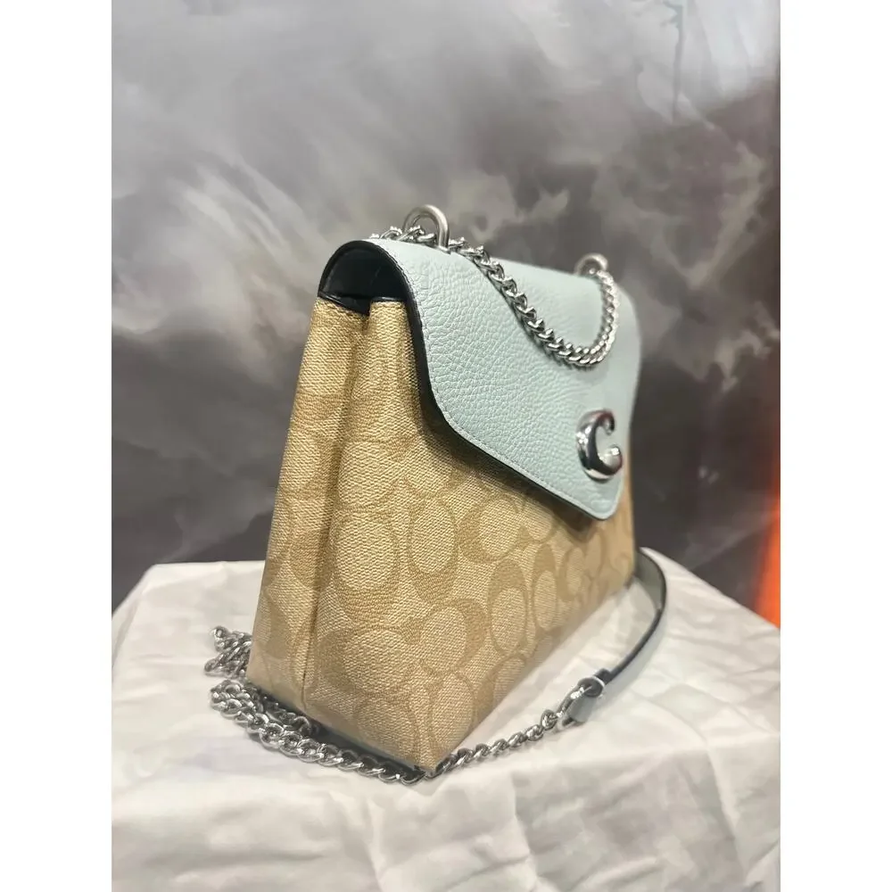 Coach Tammie Shoulder Bag in Signature Canvas Khaki Teal Chain Strap C6784